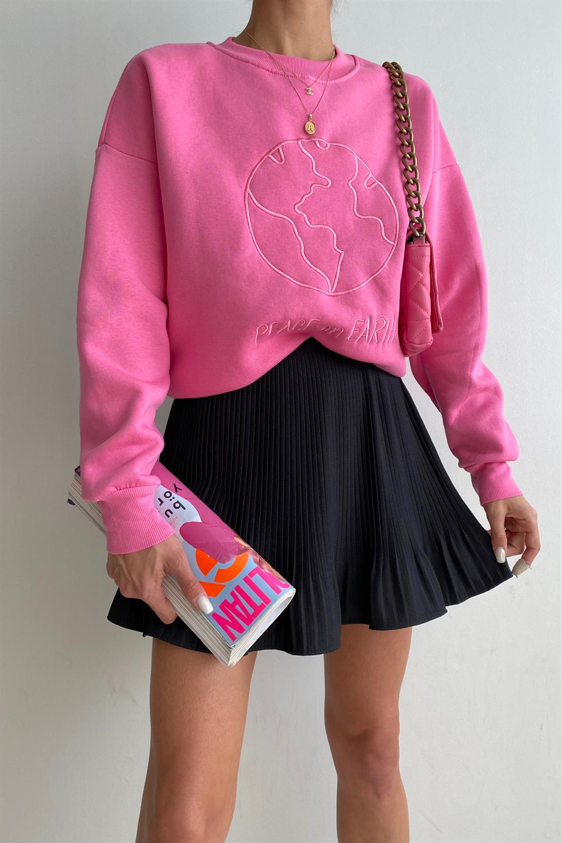 Dünya Baskılı Sweatshırt ŞEKER PEMBE