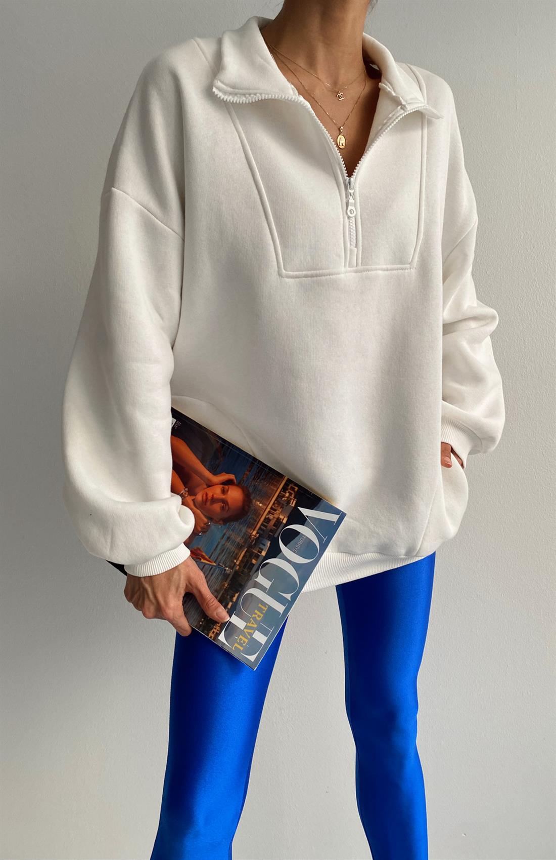 Fermuar Detaylı Sweatshırt EKRU