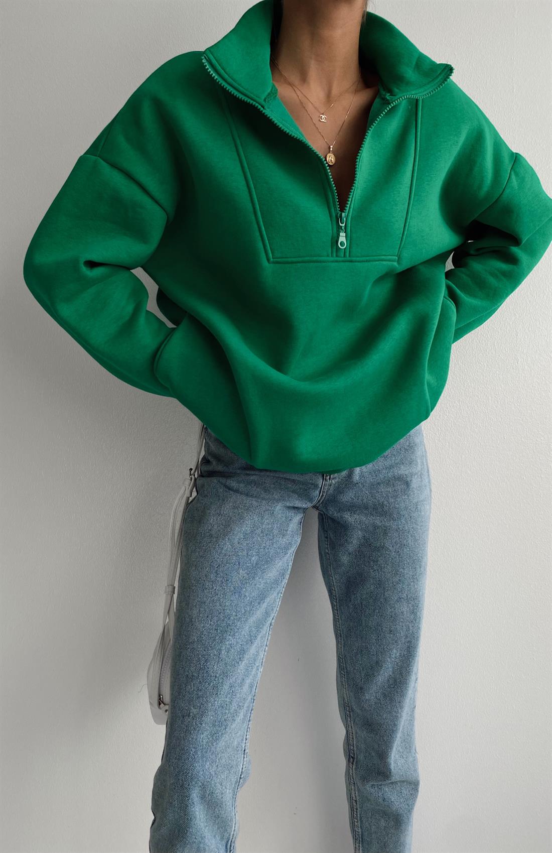 Fermuar Detaylı Sweatshırt YEŞİL