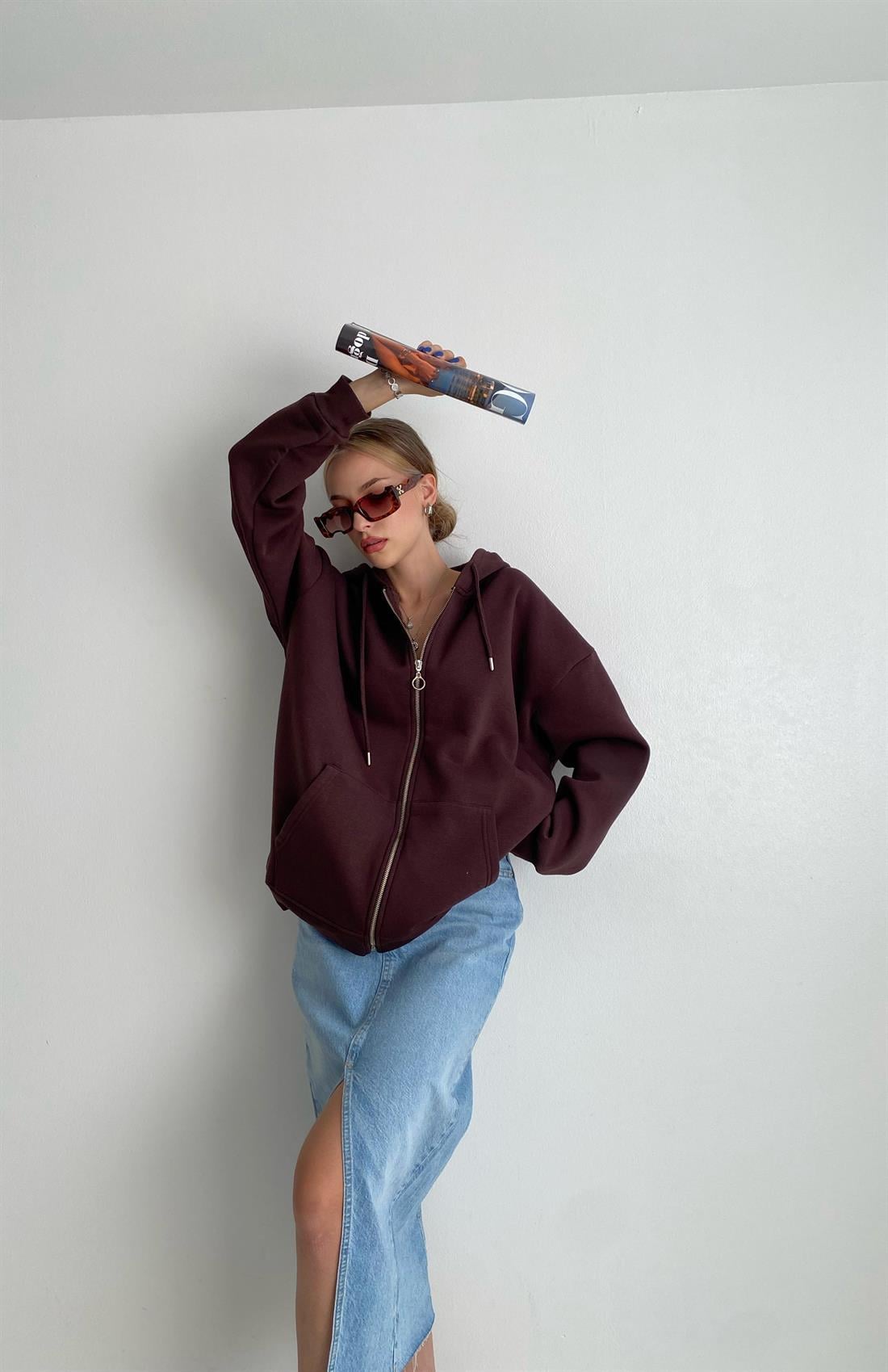 Fermuarlı Sweatshırt KAHVERENGİ