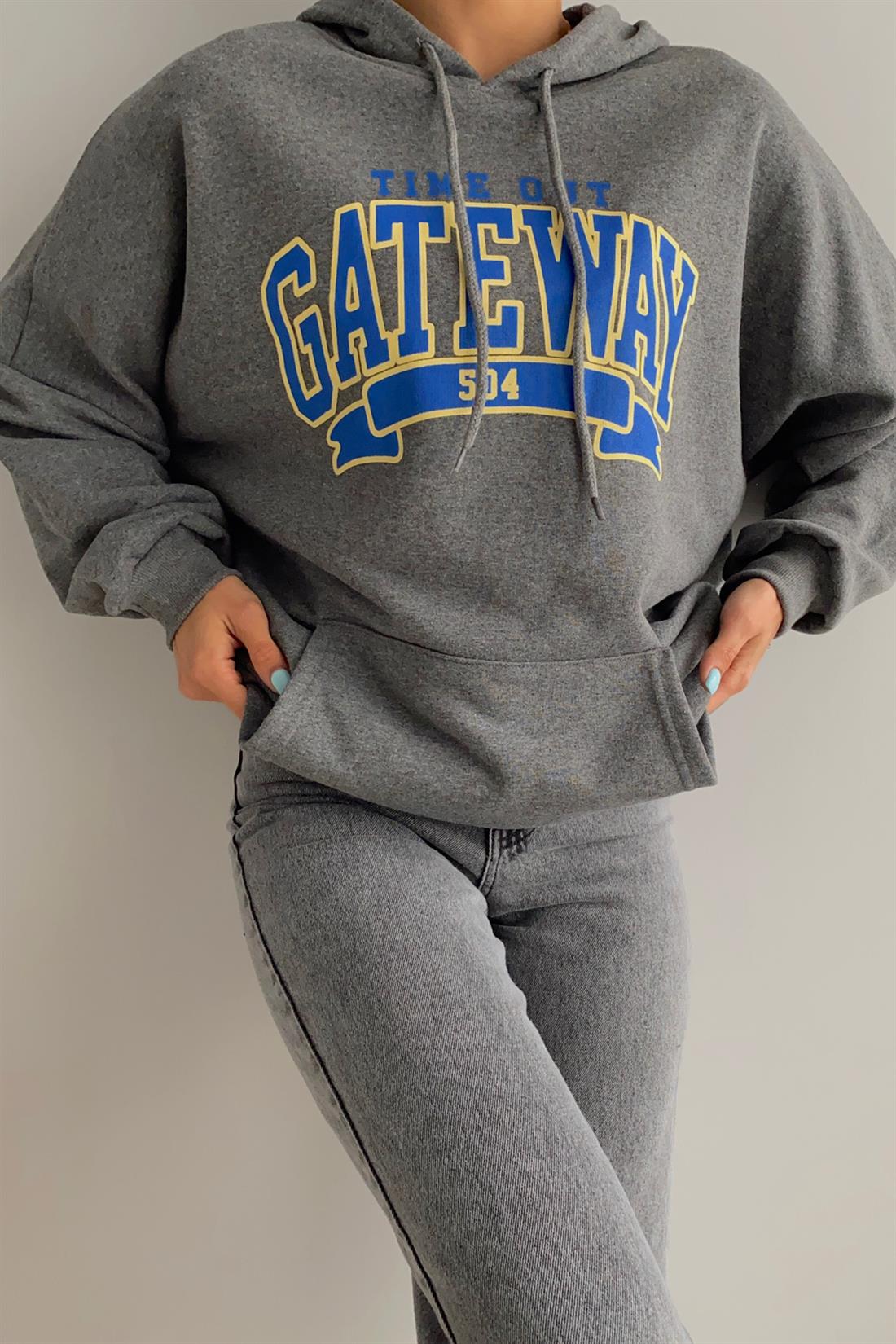 Gateway Baskılı Kapşonlu  Sweatshırt ANTRASİT