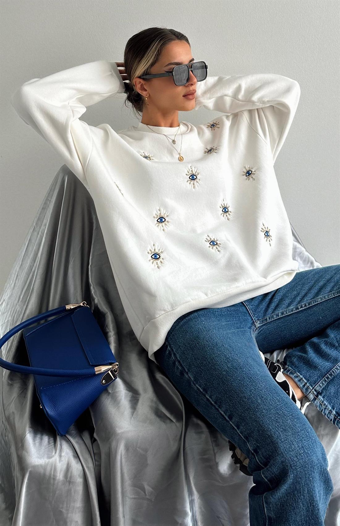 Göz Baskılı Sweatshırt EKRU