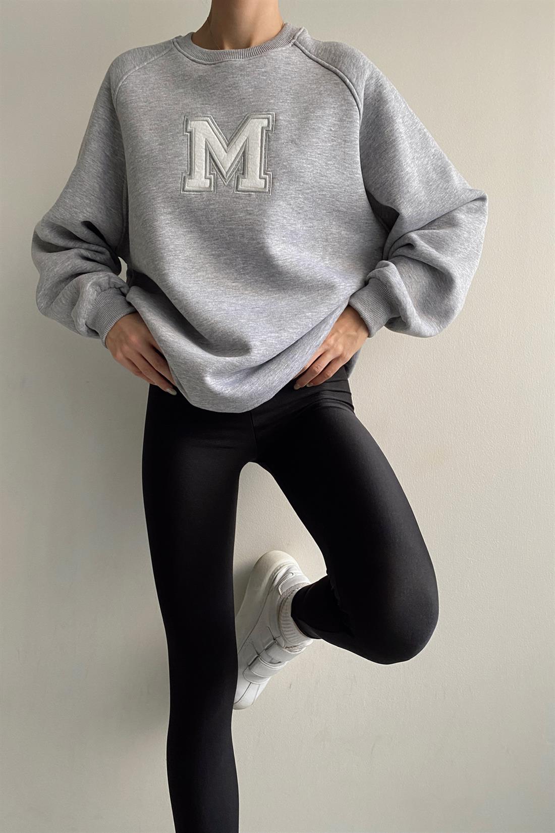 Harf Nakişlı Sweatshırt GRİ