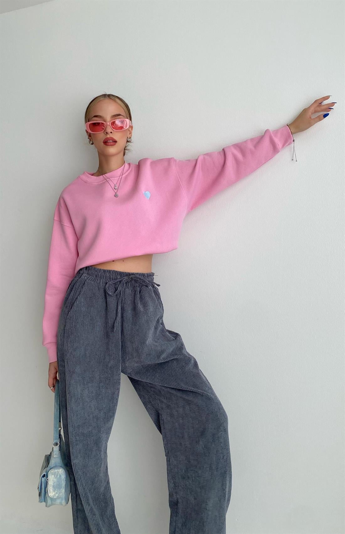 Kalp Nakışlı Sweatshırt PEMBE