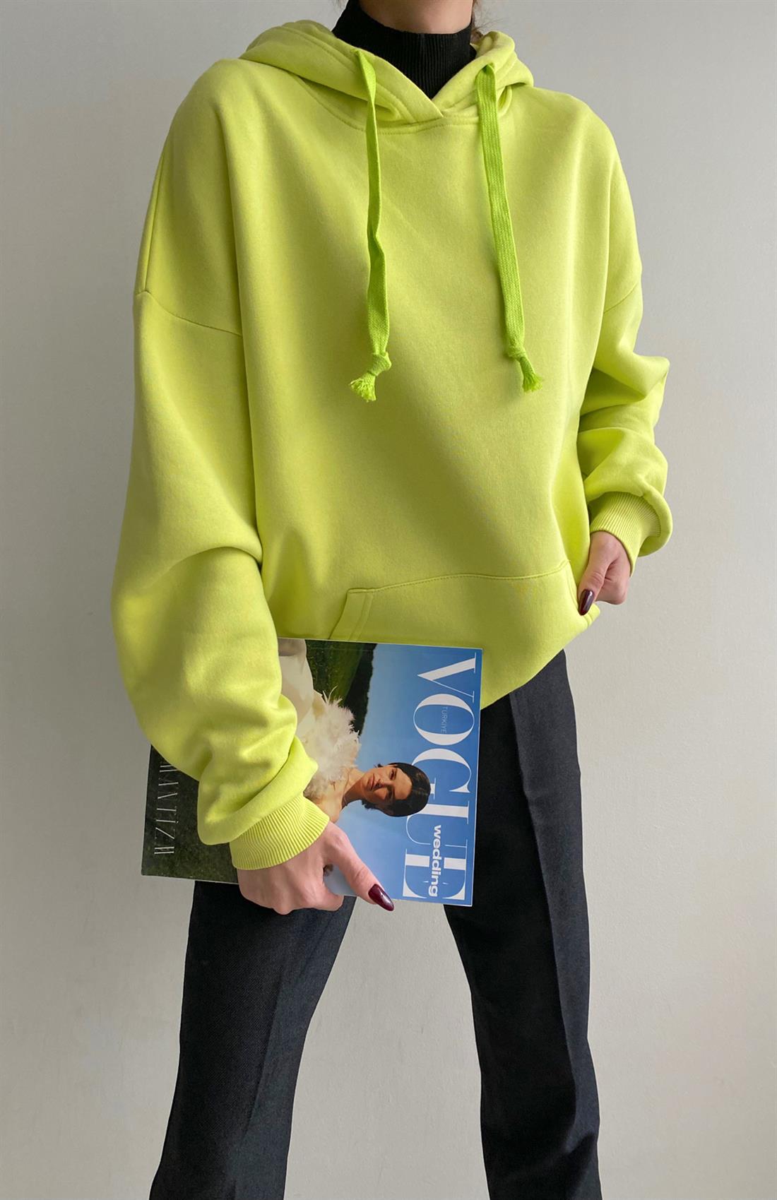 Kanguru Cepli Sweatshırt NEON YEŞİL