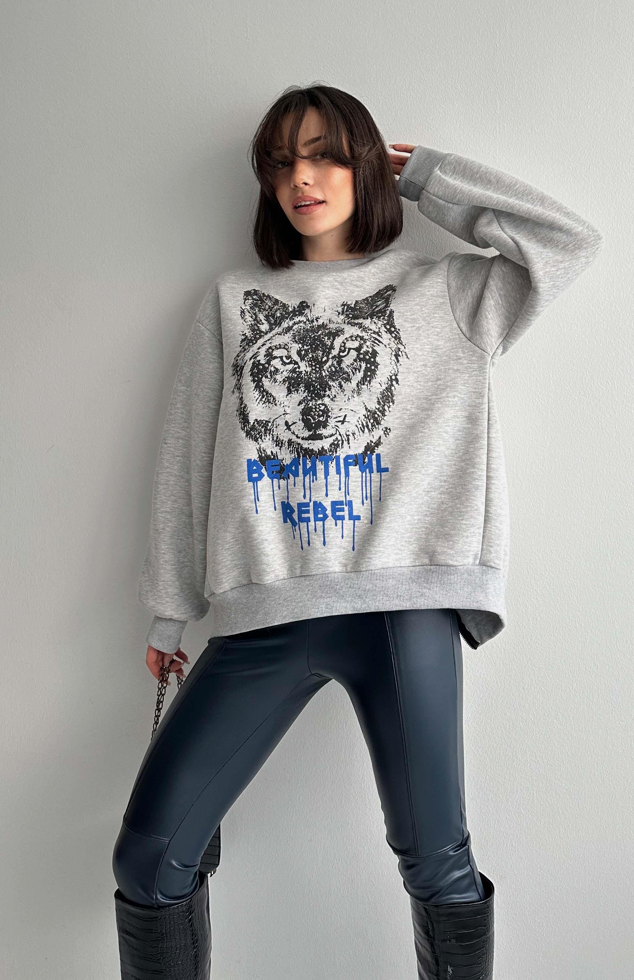 Kaplan Baskılı Arkası Fermuarlı Sweatshırt GRİ - Miss Rouge