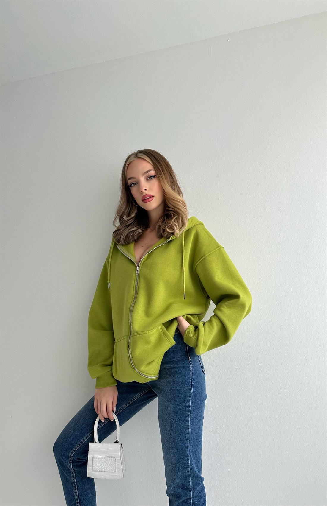 Kapşonlu Fermuarlı Sweatshırt YAĞYEŞİLİ