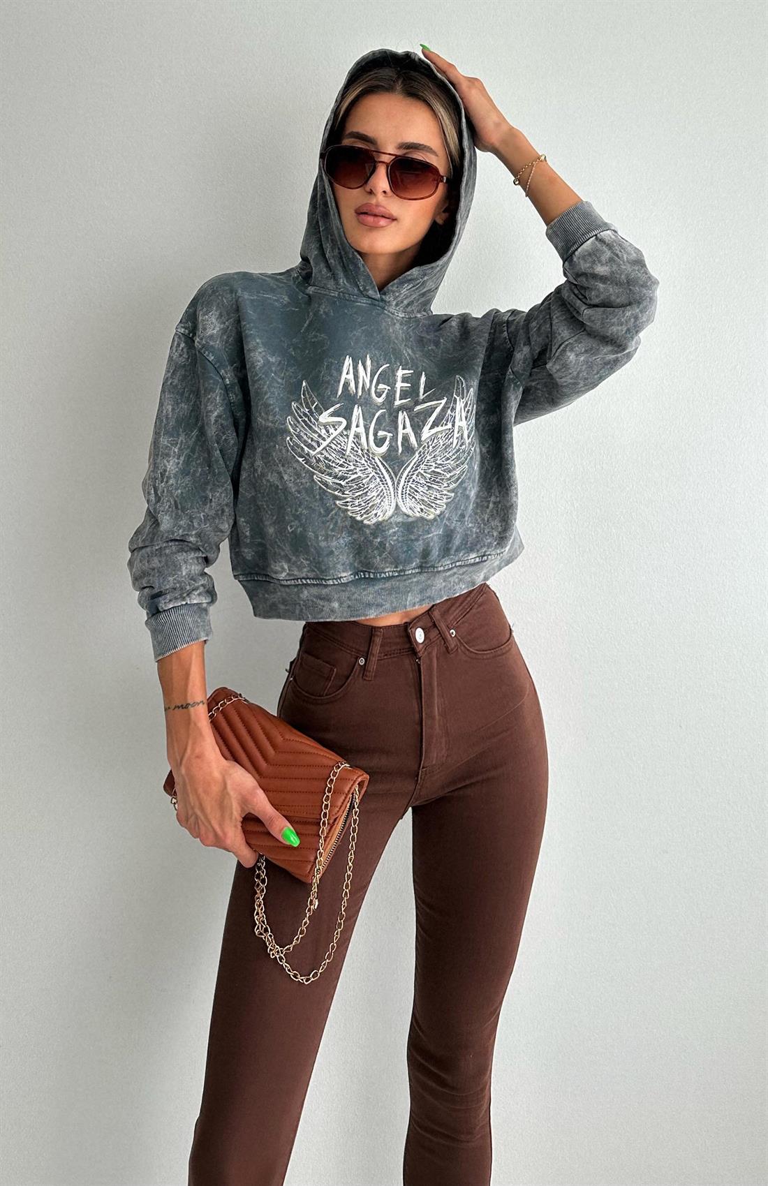 Kapşonlu Yıkamalı Crop Sweatshırt GRİ