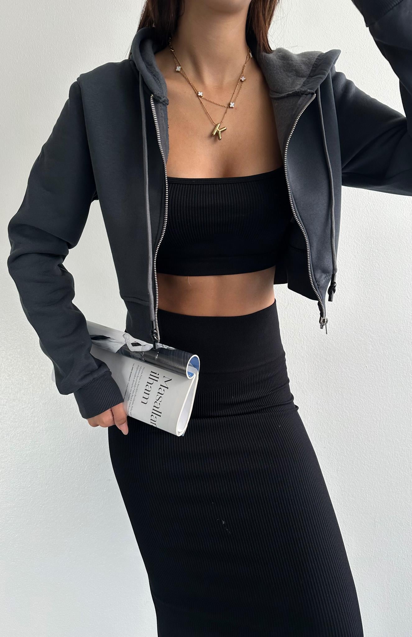 Kısa Fermuarlı Sweatshırt ANTRASİT