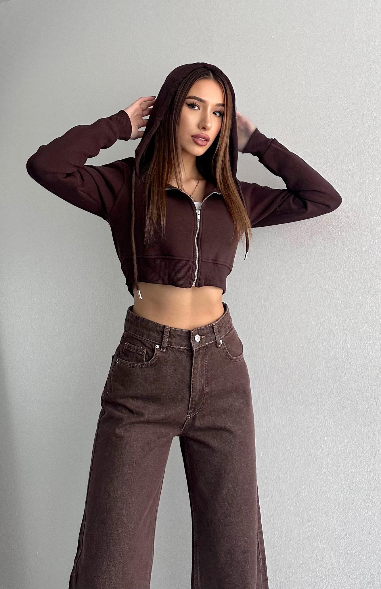 Kısa Fermuarlı Sweatshırt KAHVERENGİ