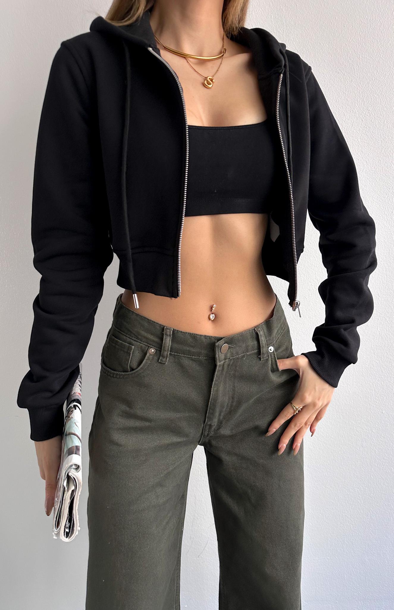 Kısa Fermuarlı Sweatshırt SİYAH