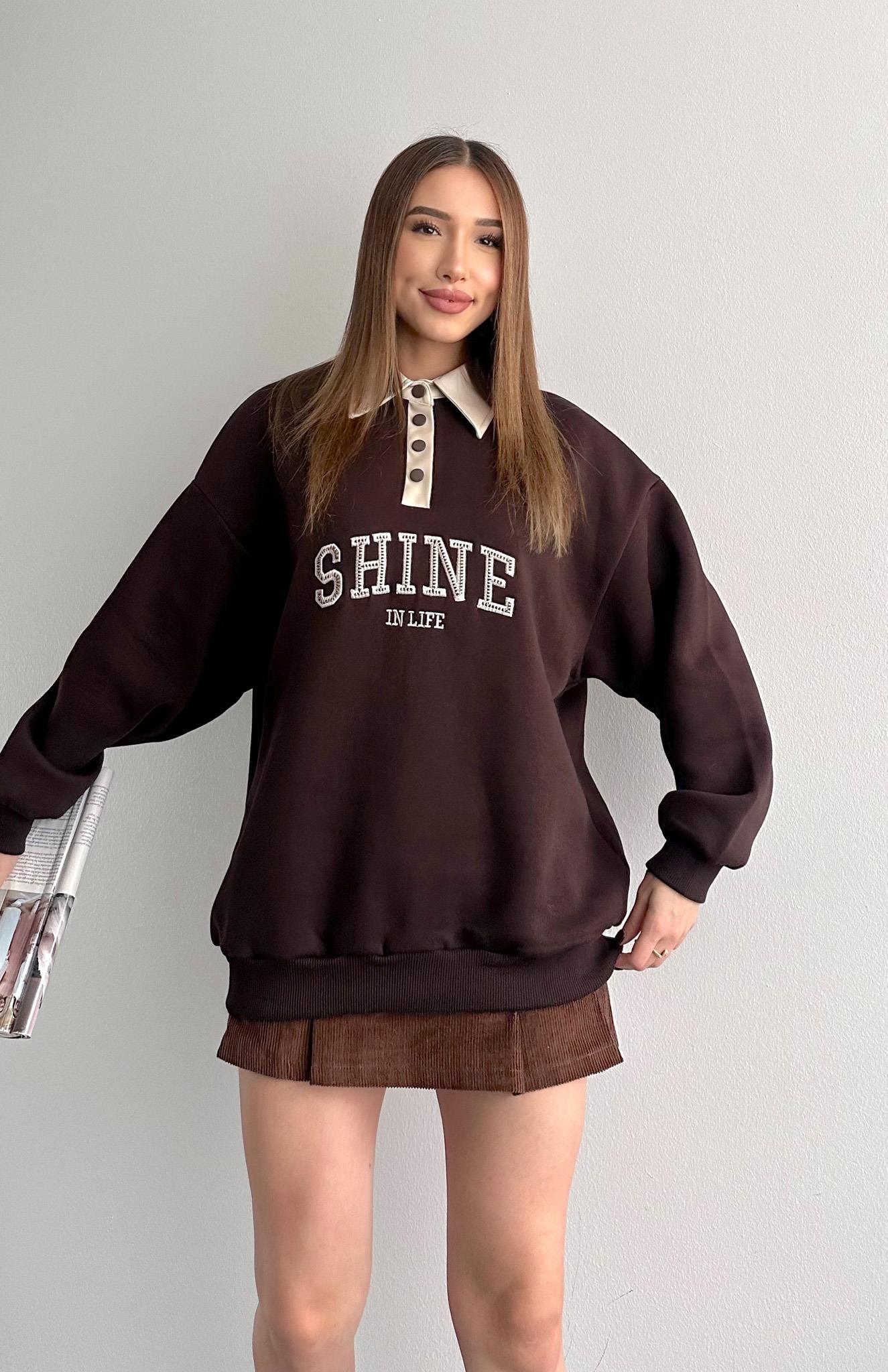 Kontrast Yaka Detaylı Sweatshırt KAHVERENGİ