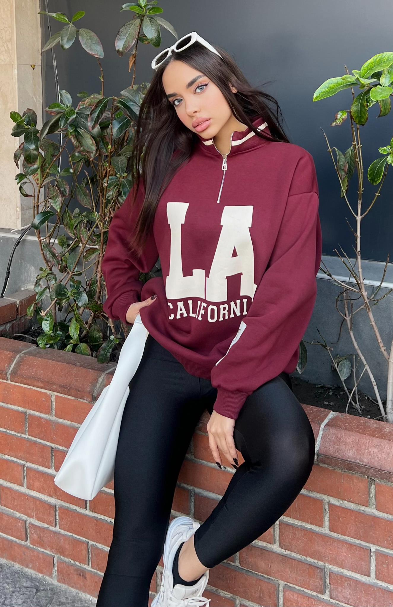 La Baskılı Kısa Fermuarlı Sweatshırt BORDO