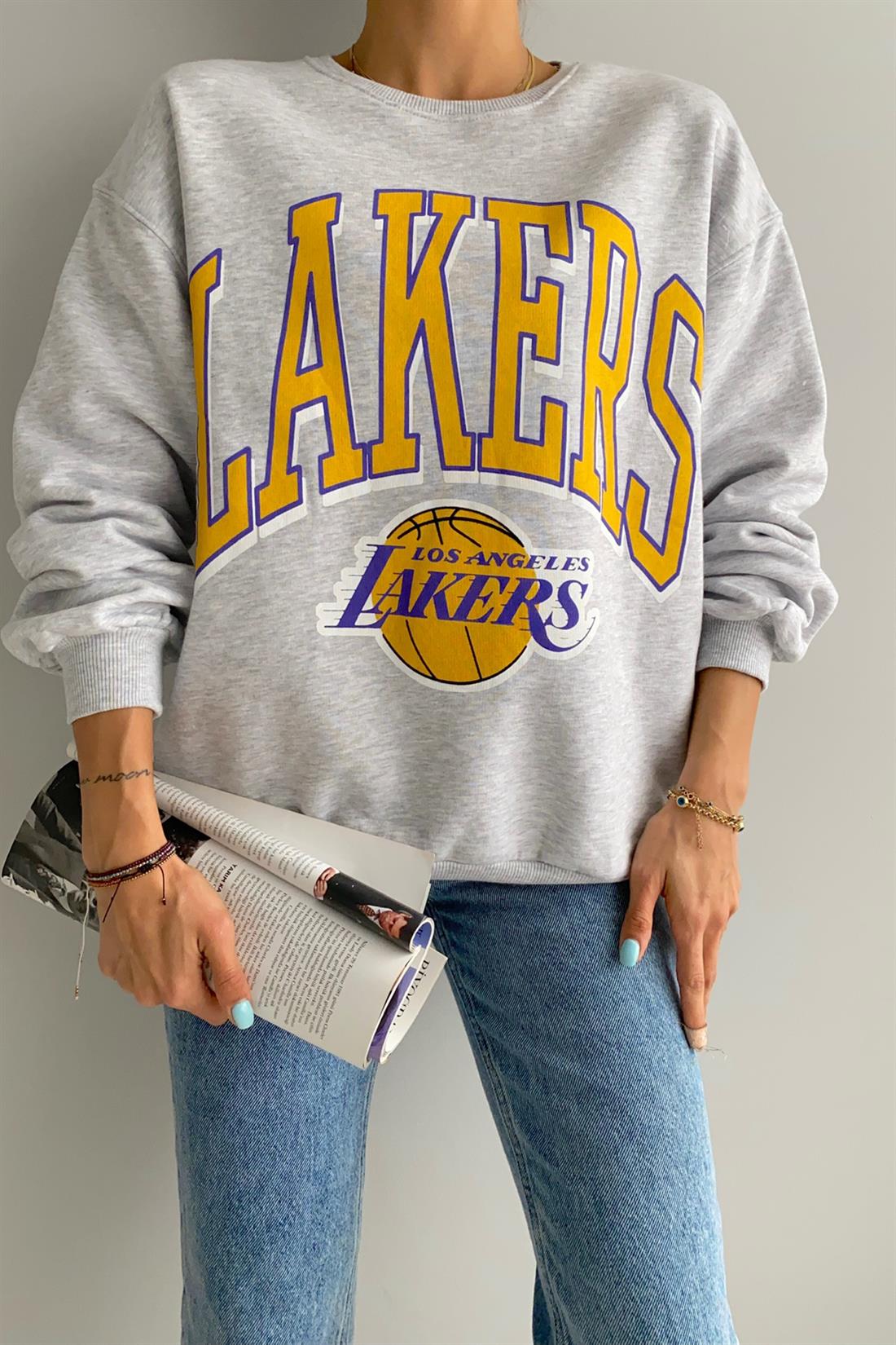 Lakers Baskılı Bisiklet Yaka Sweatshırt GRİ