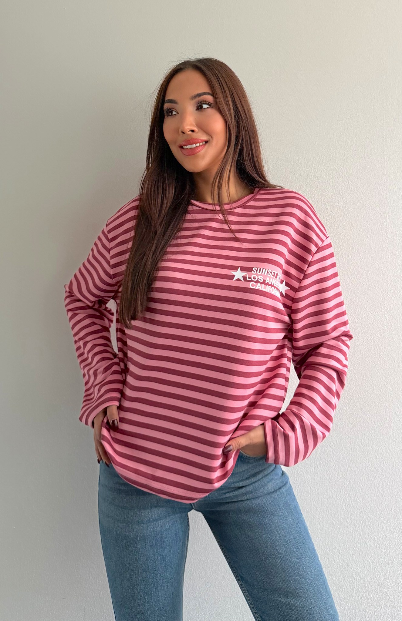 Modal Kumaş Çizgili Sweatshırt PEMBE