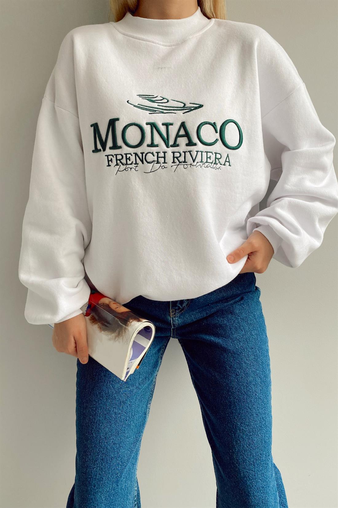 Monaco Baskılı Sweatshırt BEYAZ
