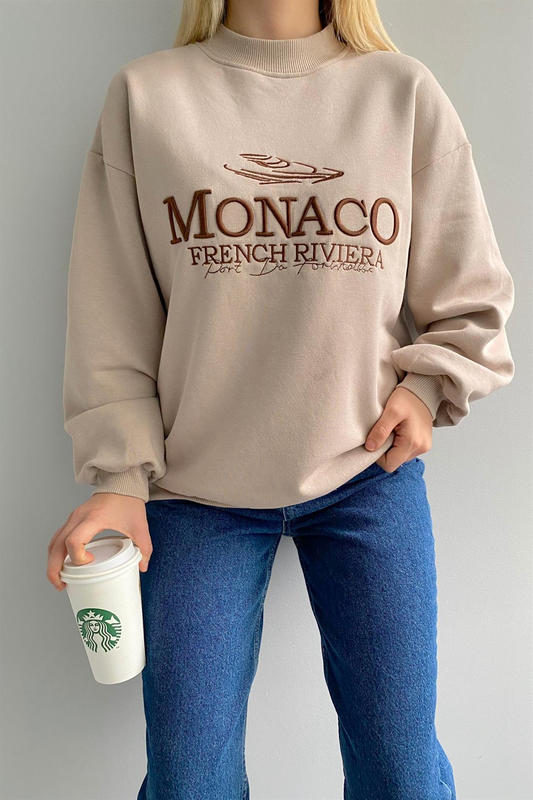 Monaco Baskılı Sweatshırt VİZON