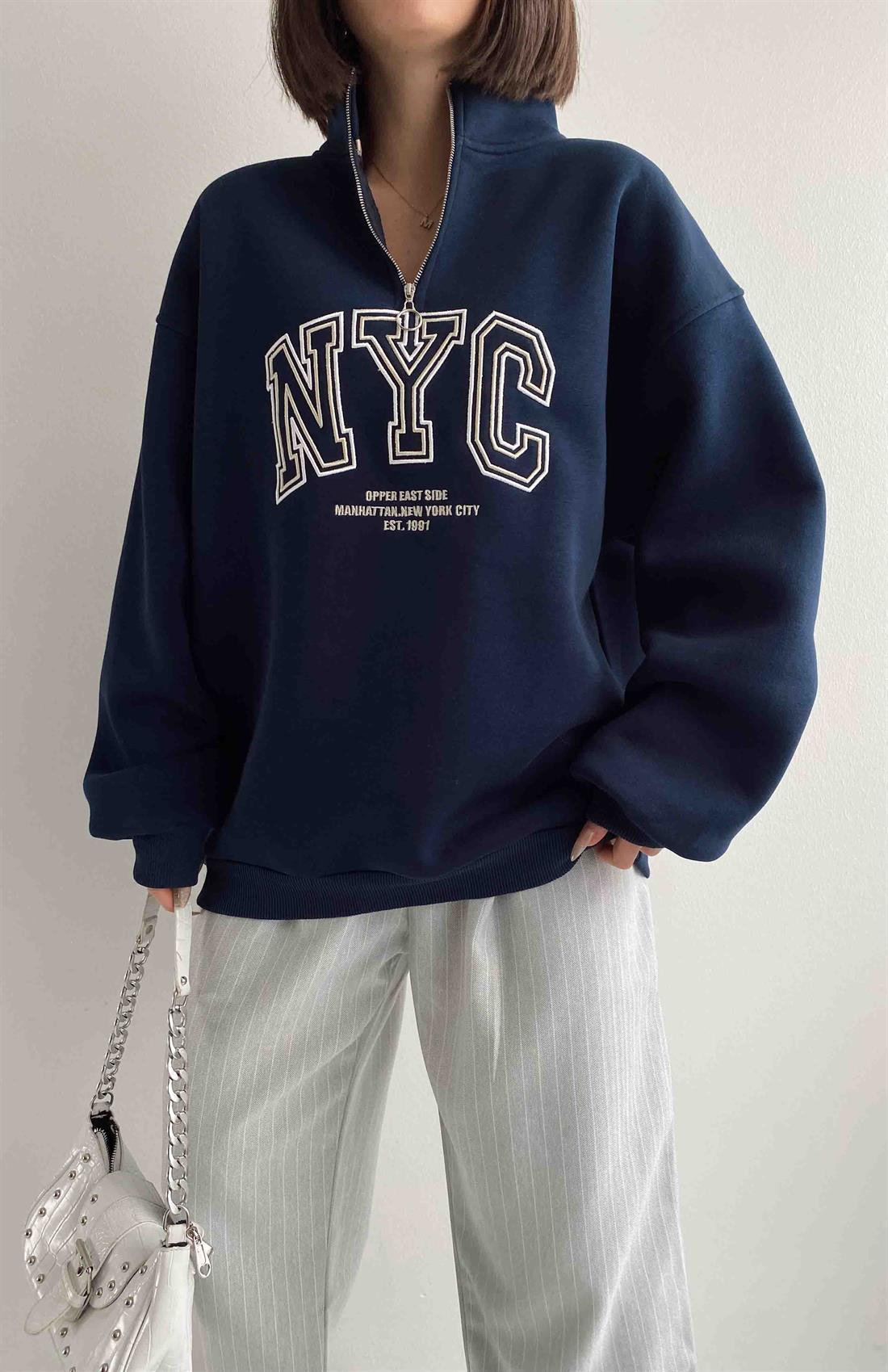 Nakış Fermuar Detaylı Sweatshırt LACİVERT