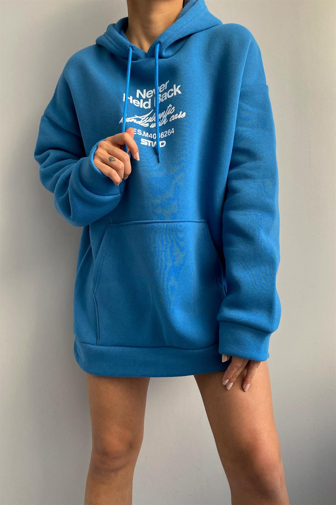 Never Ön Arka Baskı Kapşonlu Sweatshırt MAVİ