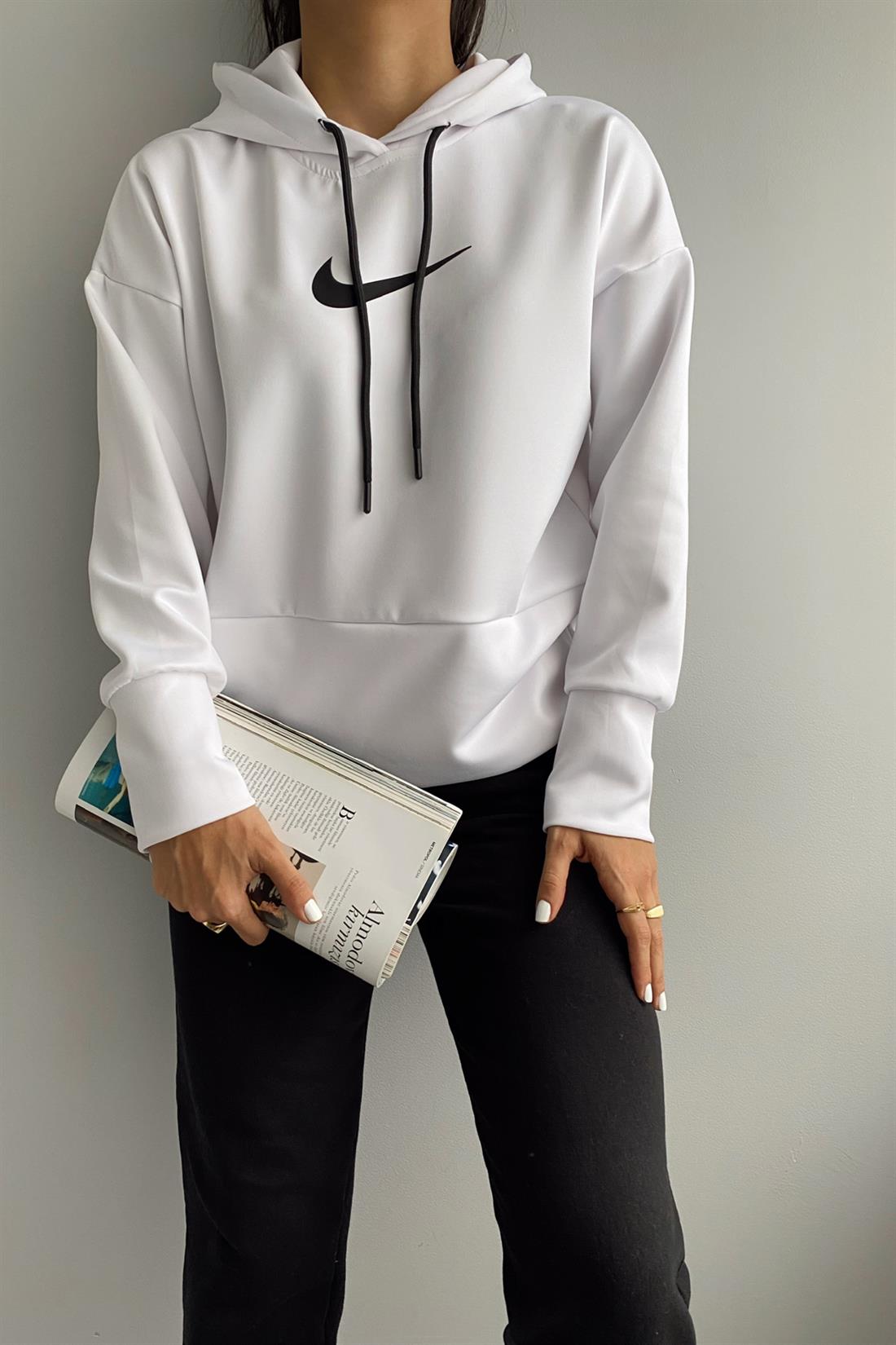 Nike Baskılı Kapüşonlu Sweatshırt BEYAZ