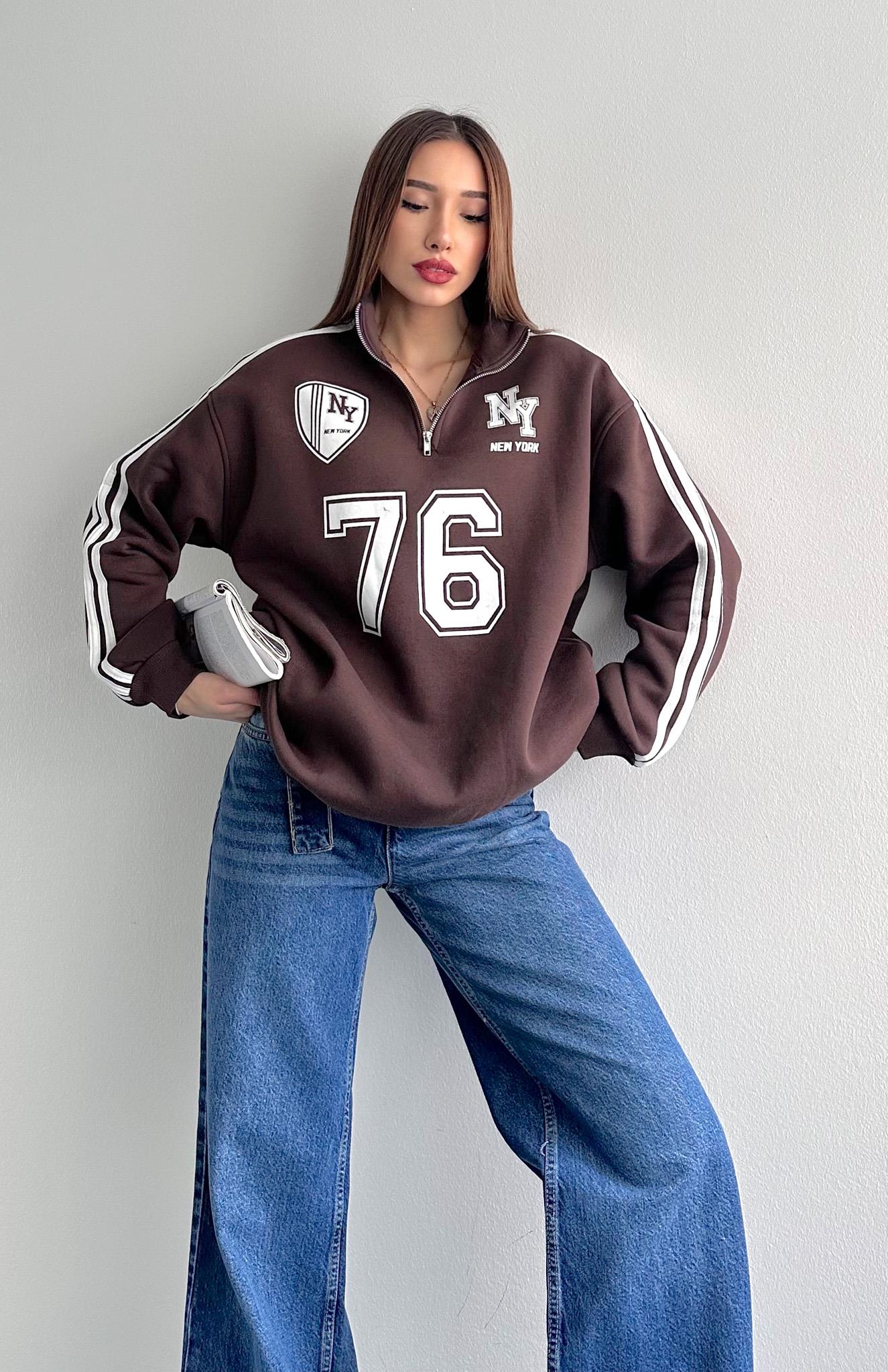 Ny Basklılı Sweatshırt KAHVERENGİ