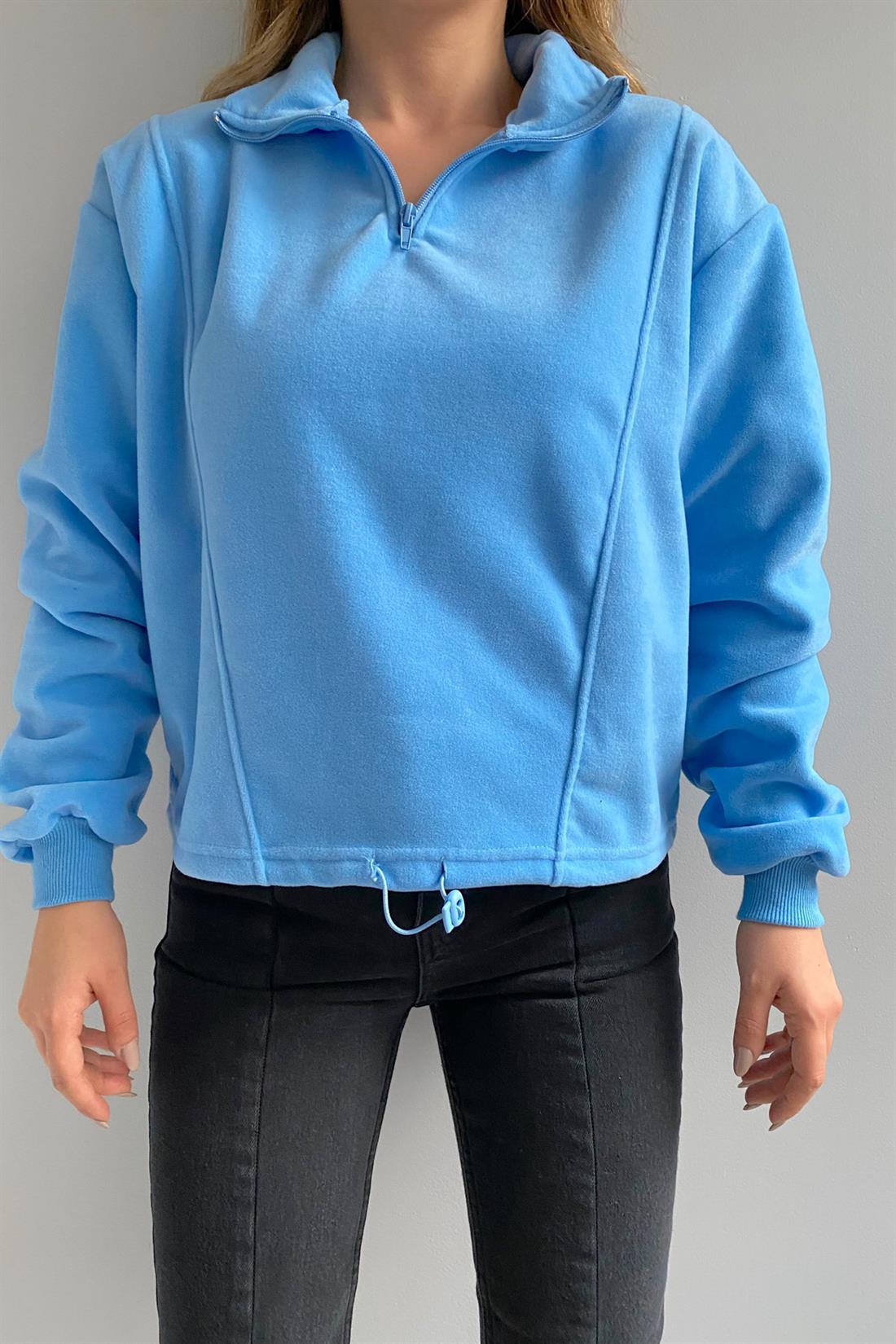 Önü Yarım Fermuarlı Polar Sweatshırt MAVİ