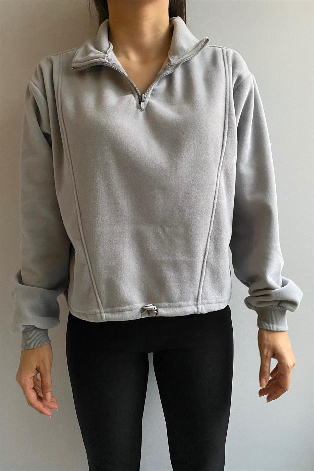 Önü Yarım Fermuarlı Polar Sweatshırt GRİ