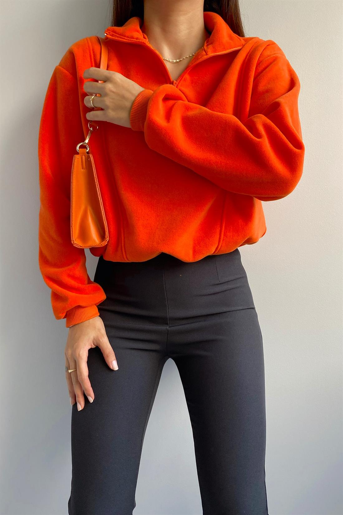 Önü Yarım Fermuarlı Polar Sweatshırt ORANCE