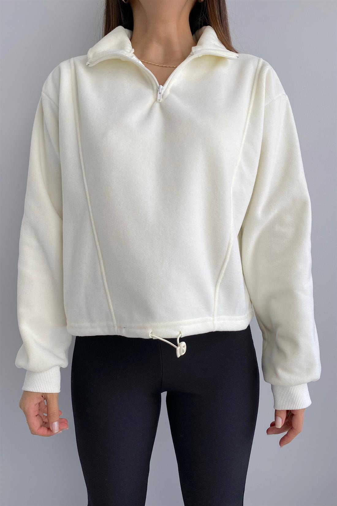 Önü Yarım Fermuarlı Polar Sweatshırt EKRU
