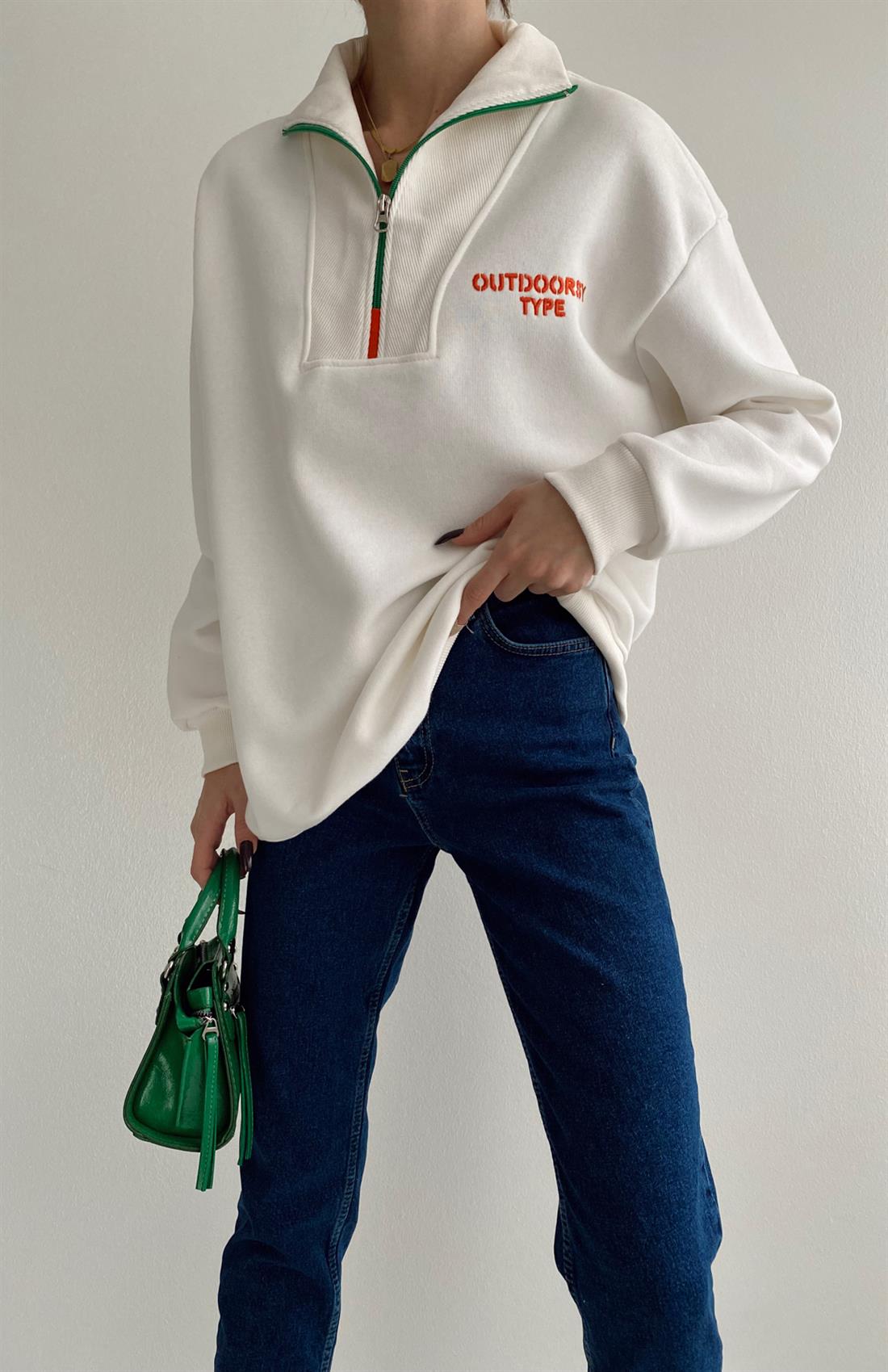 Outdoorsy Baskılı Fermuarlı Sweatshırt KREM