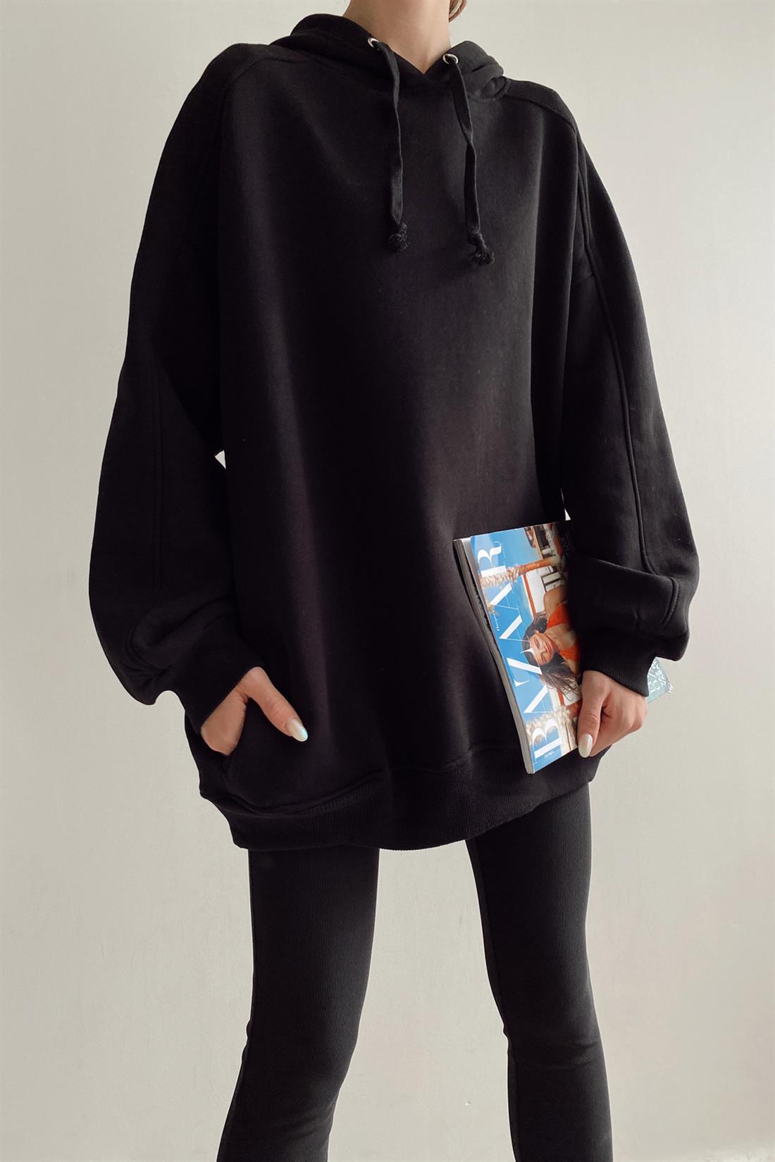 Oversize Kapşonlu Düz Sweatshırt SİYAH