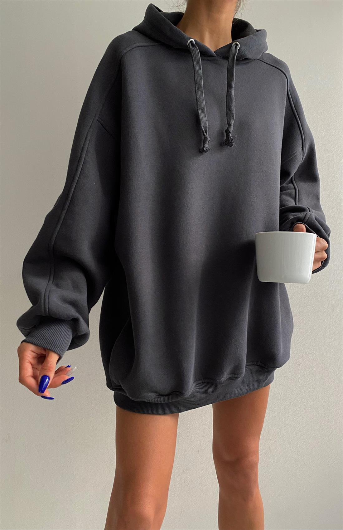 Oversize Kapşonlu Düz Sweatshırt ANTRASİT