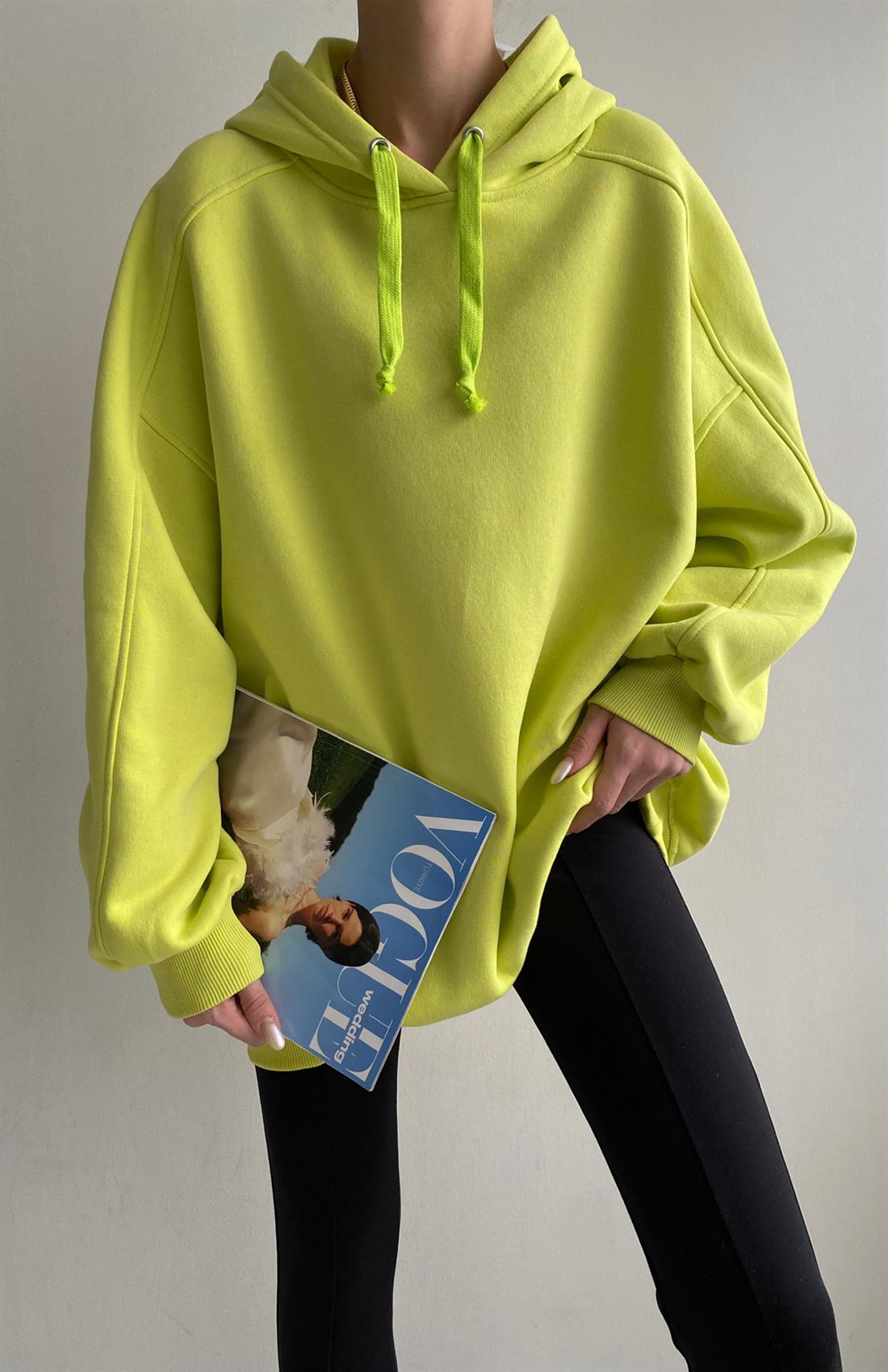 Oversize Kapşonlu Düz Sweatshırt NEON YEŞİL