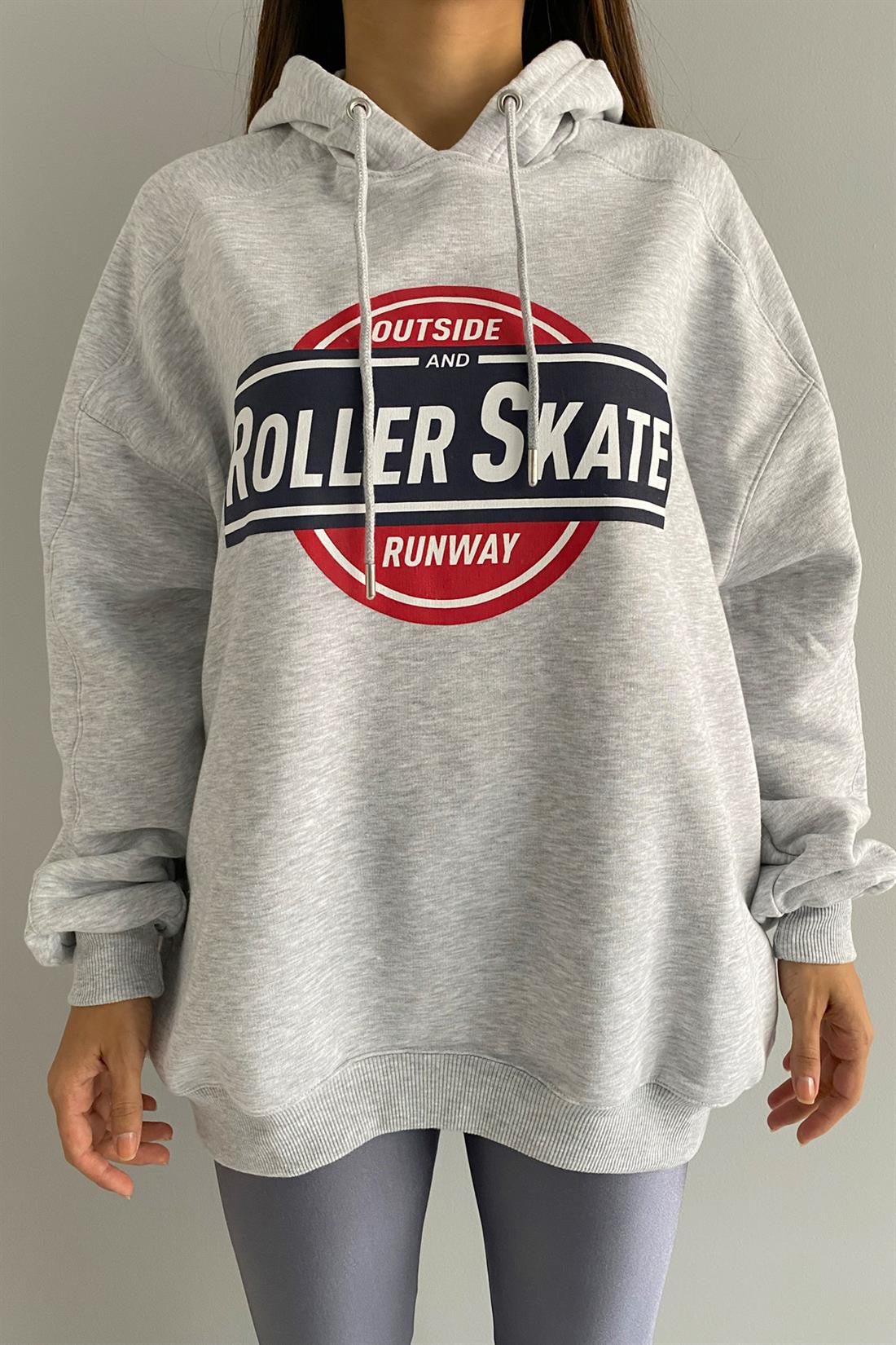 Roller Skate Baskılı Kapşonlu Sweatshırt GRİ