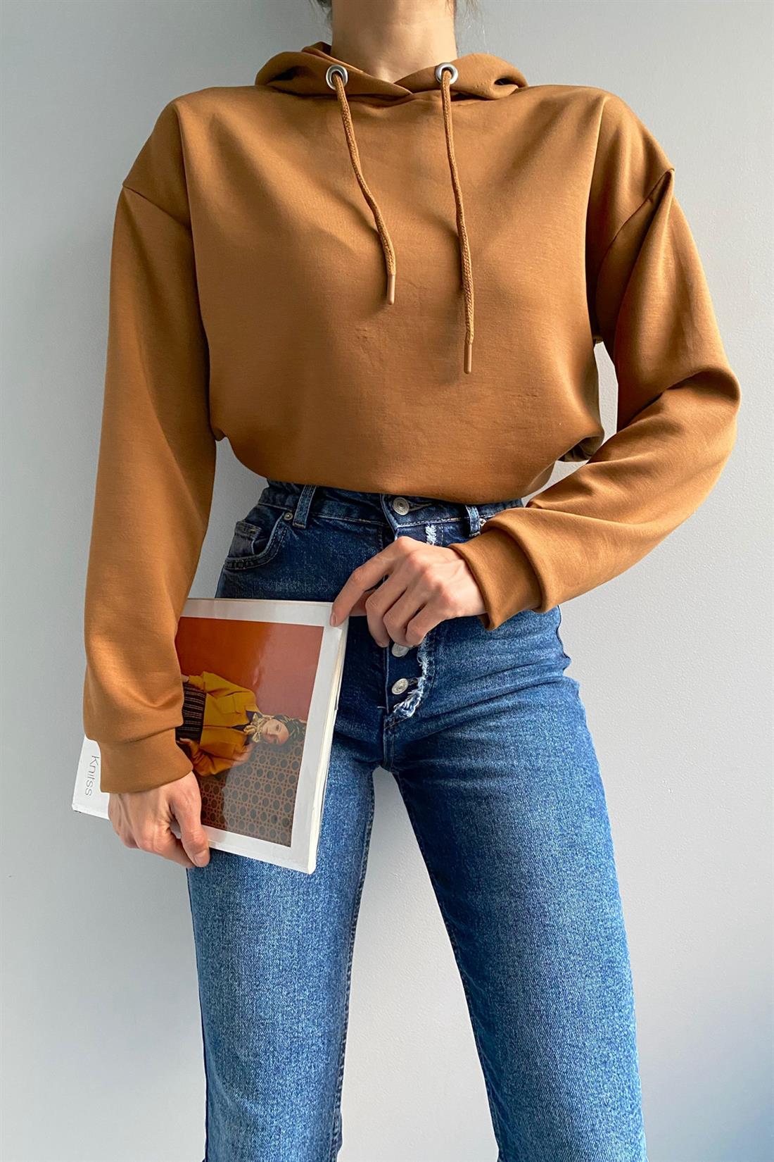 Scuba Kumaş  Kapüşonlu Sweatshırt TABA