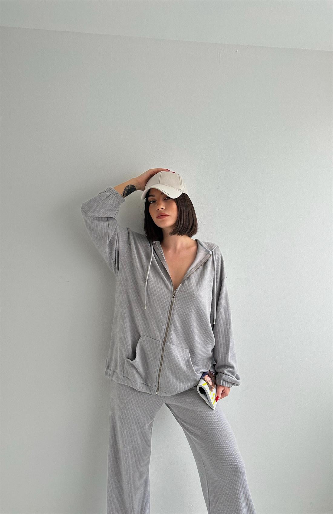 Simli Kapşonlu Sweatshırt GRİ