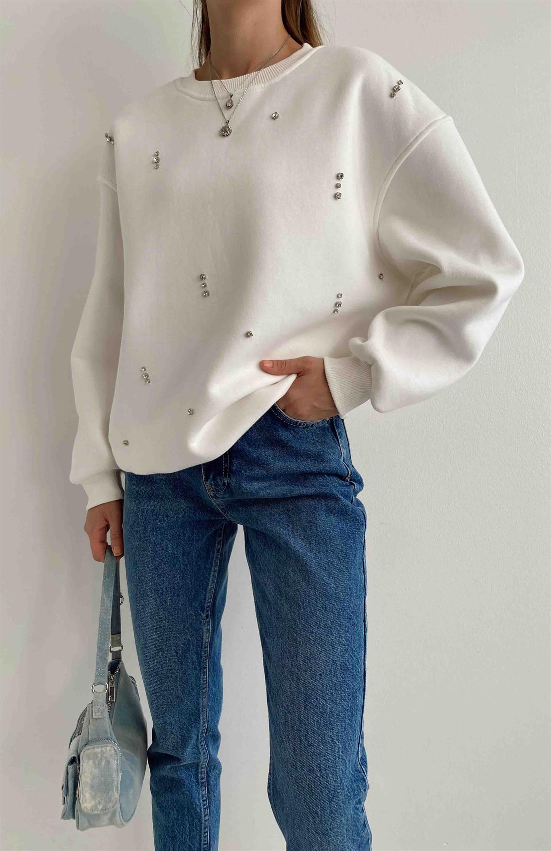 Taşlı Sweatshırt BEYAZ