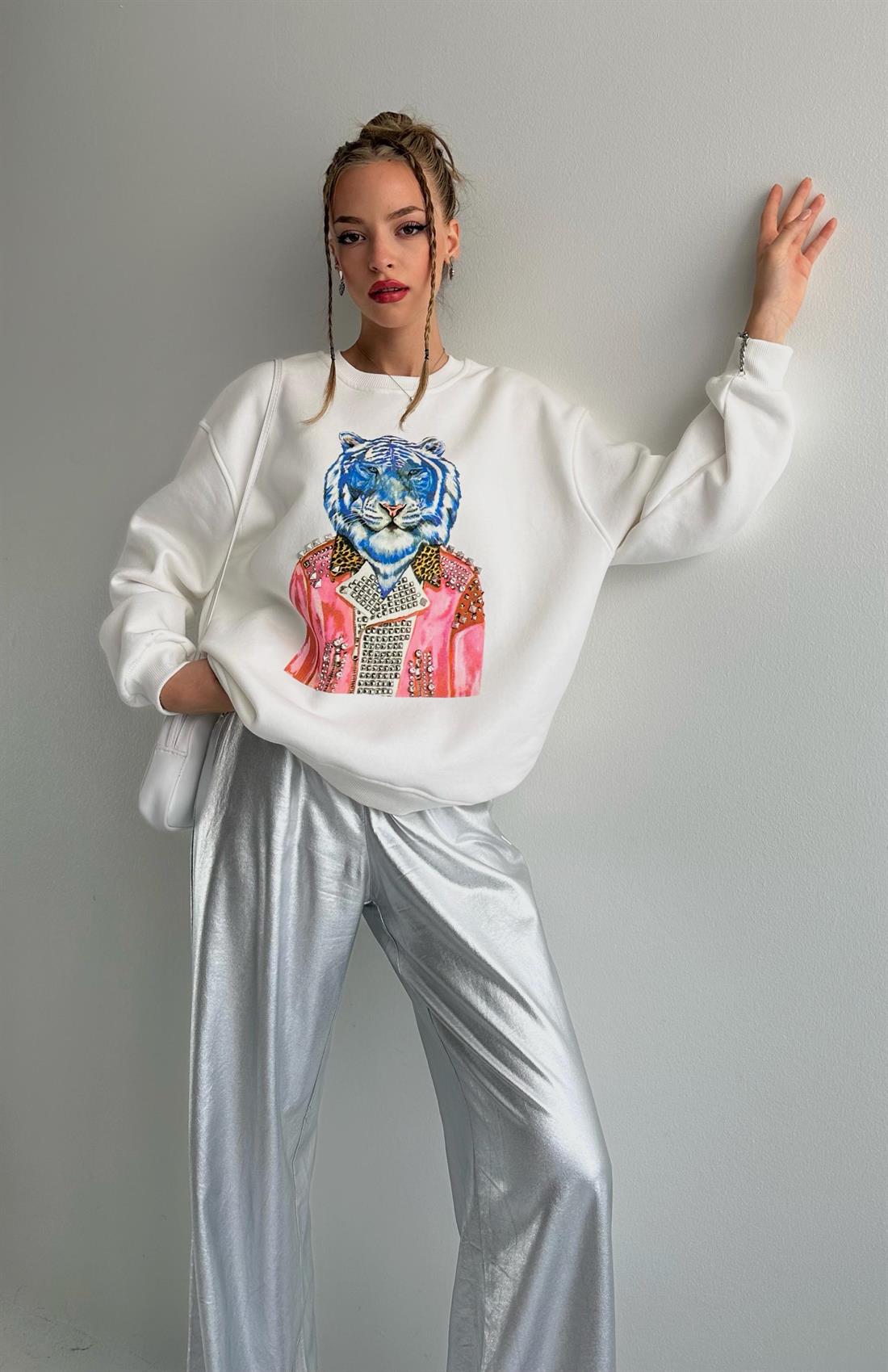 Taşlı Sweatshırt EKRU