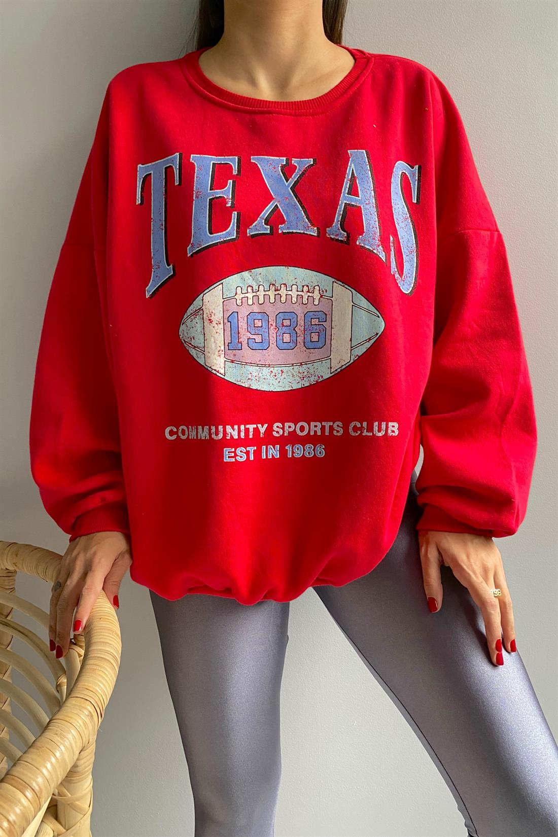 Teksas Baskılı Sweatshırt KIRMIZI