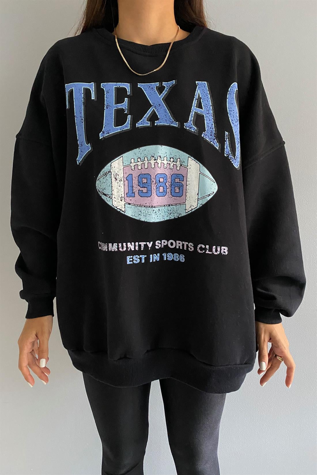 Teksas Baskılı Sweatshırt SİYAH