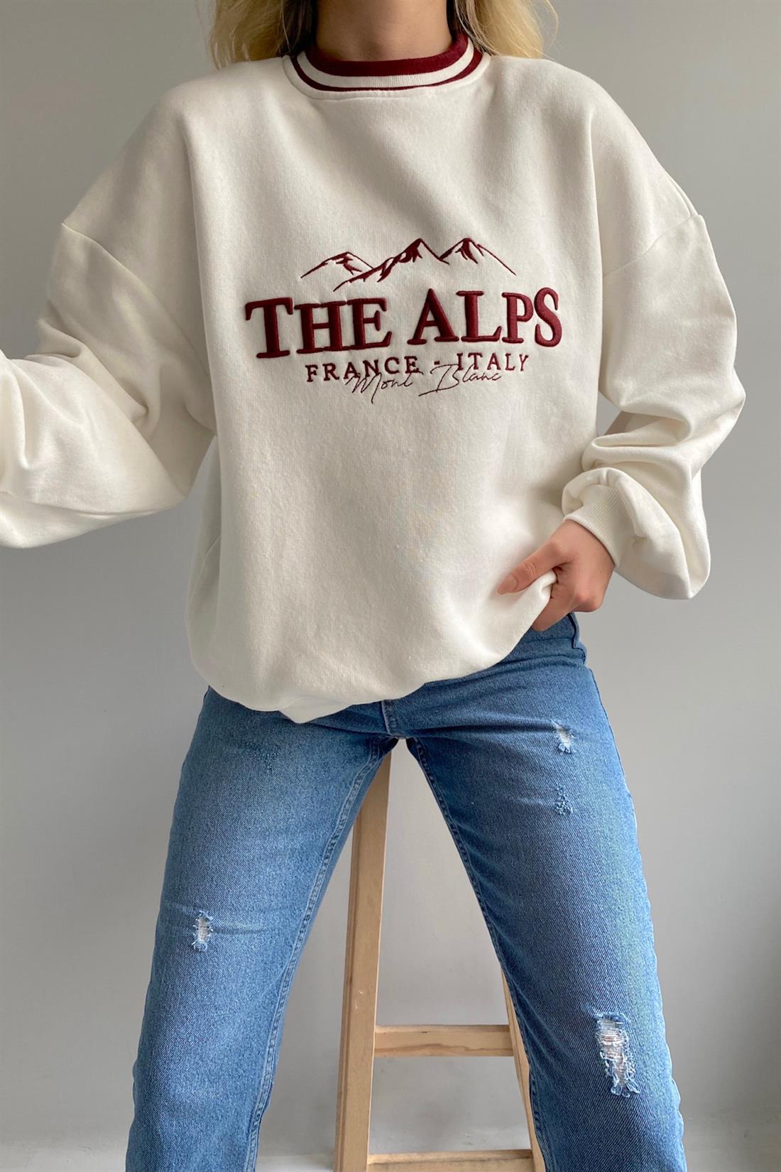 The Alps Baskılı Sweatshırt EKRU