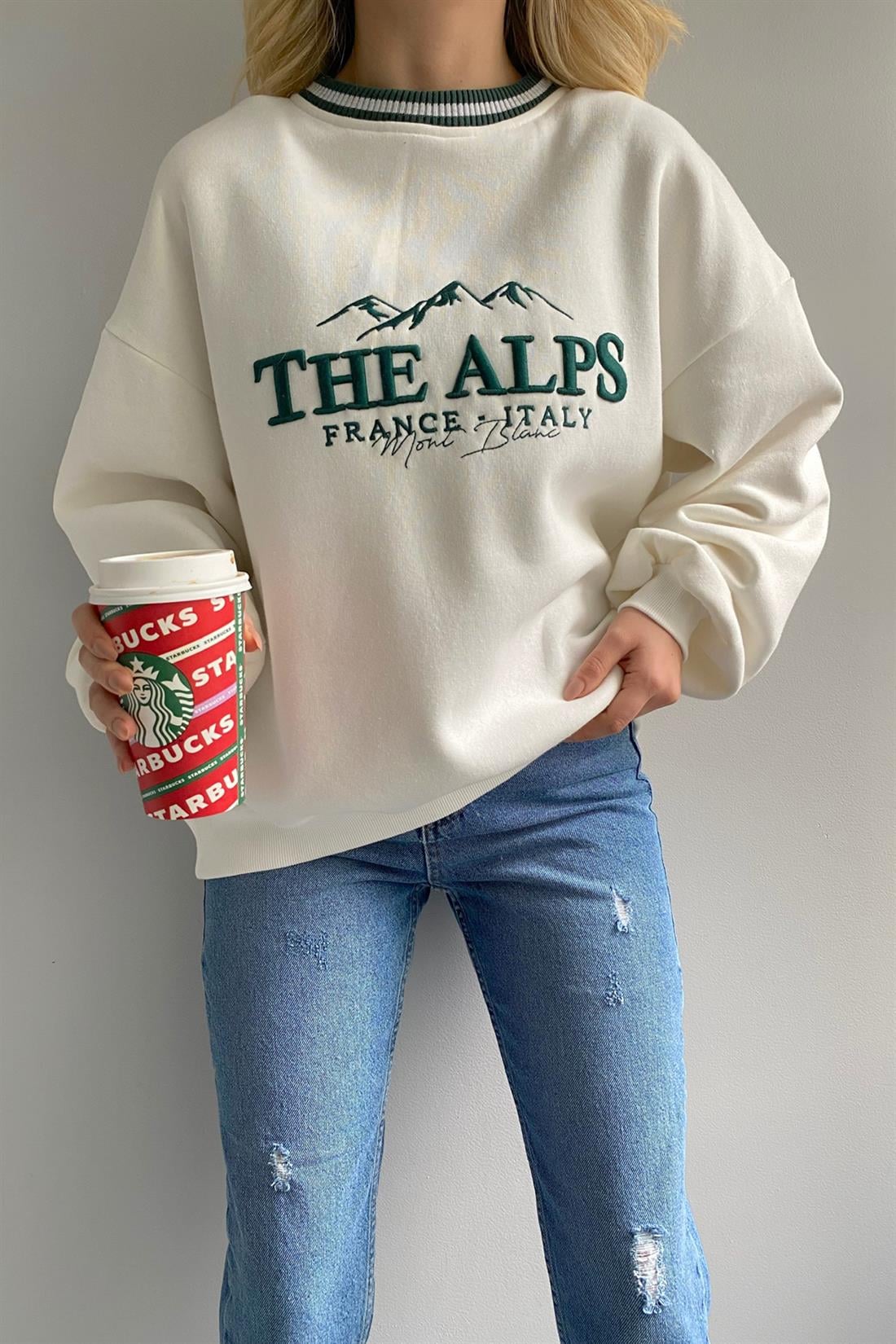 The Alps Baskılı Sweatshırt YEŞİL