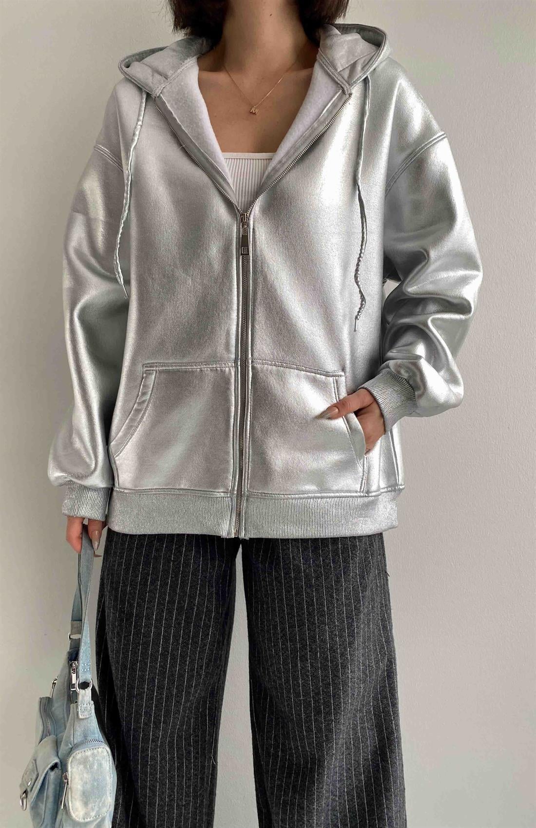 Varaklı Fermuarlı Sweatshırt GÜMÜŞ