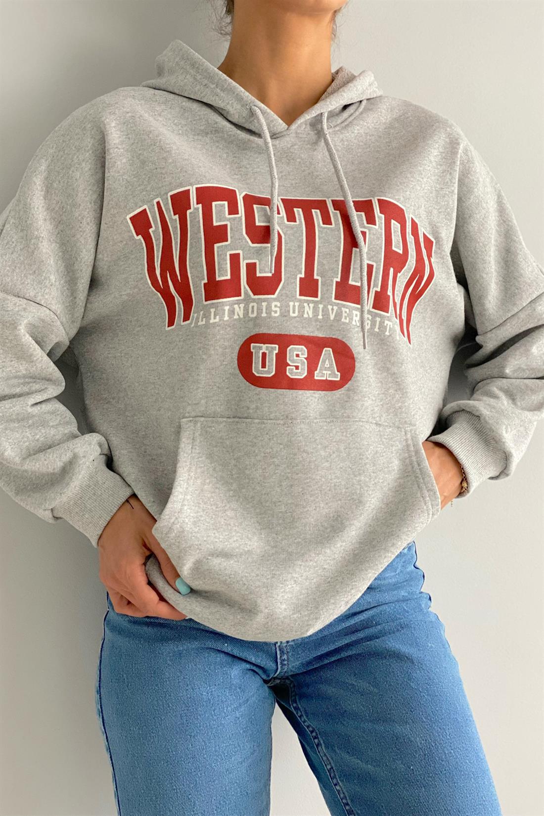 Western Baskılı Kapşonlu  Sweatshırt GRİ