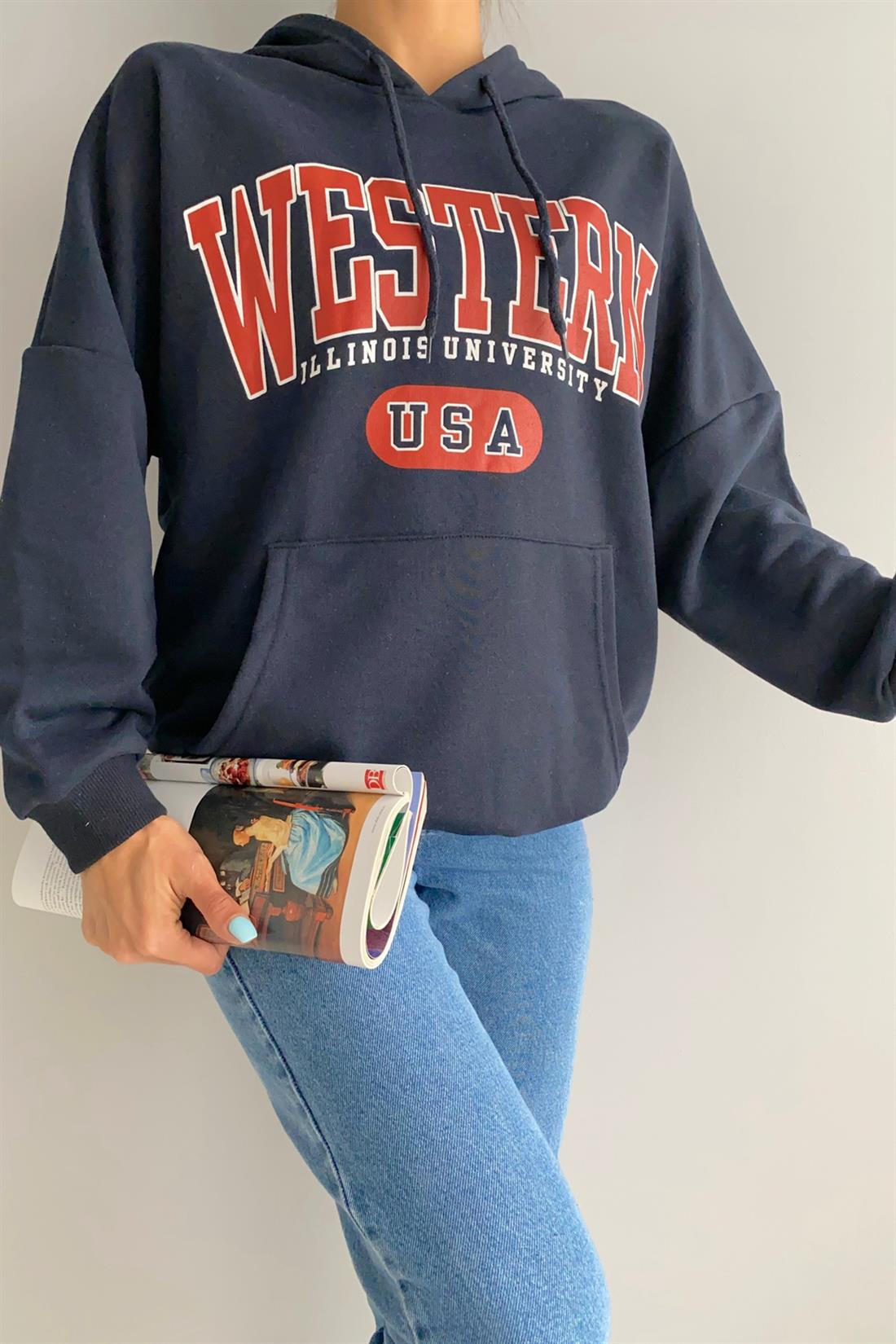 Western Baskılı Kapşonlu  Sweatshırt SİYAH