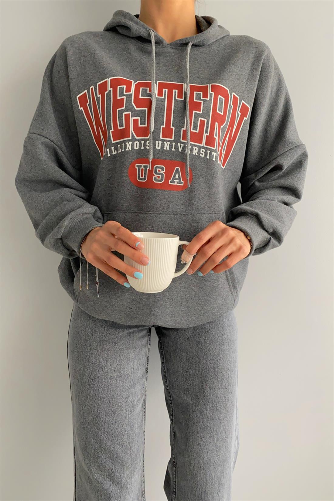 Western Baskılı Kapşonlu  Sweatshırt ANTRASİT