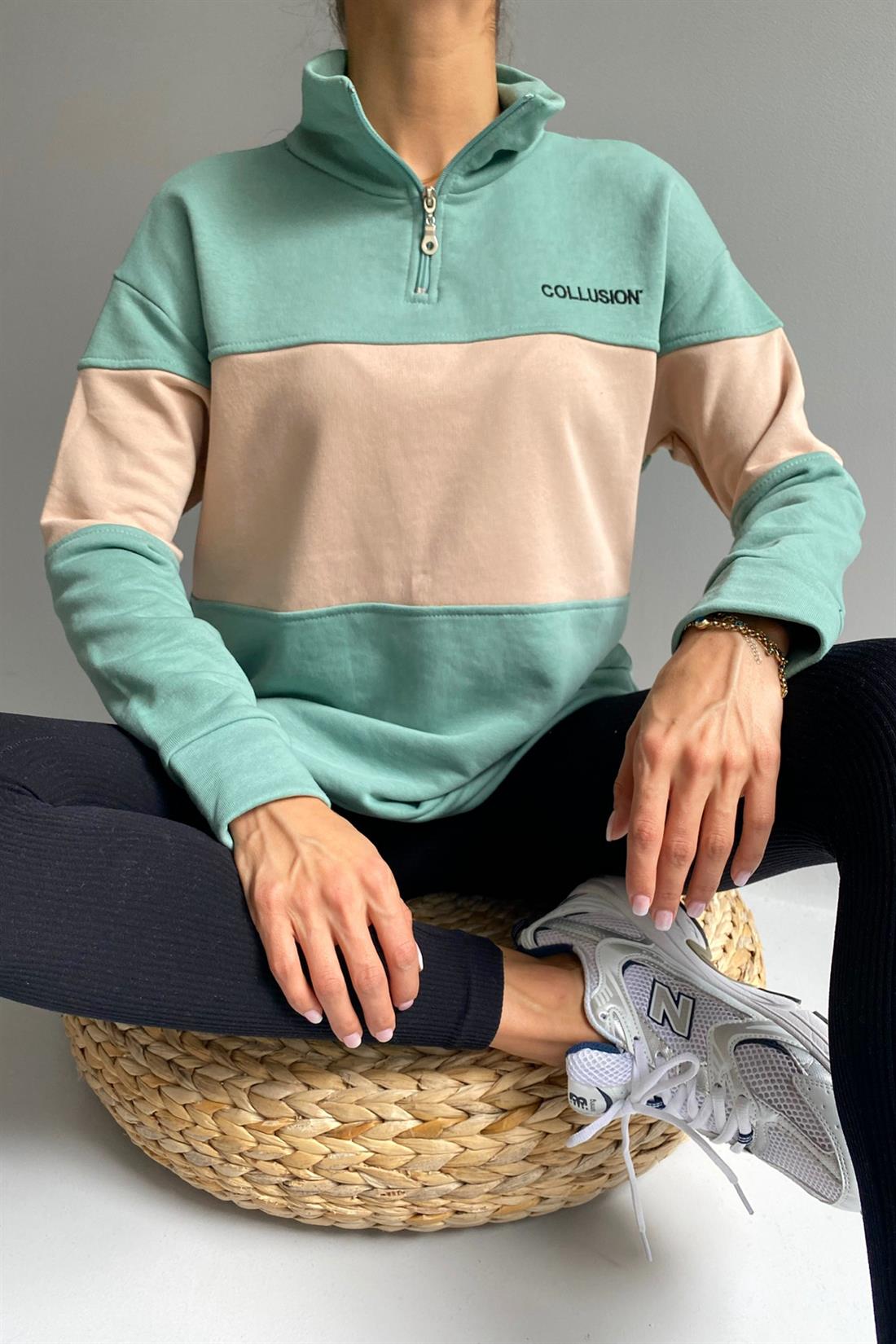 Yakası Fermuarlı Sweatshırt YEŞİL