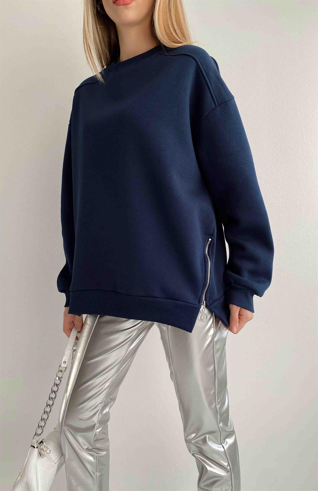 Yanı Fermuarlı Sweatshırt LACİVERT