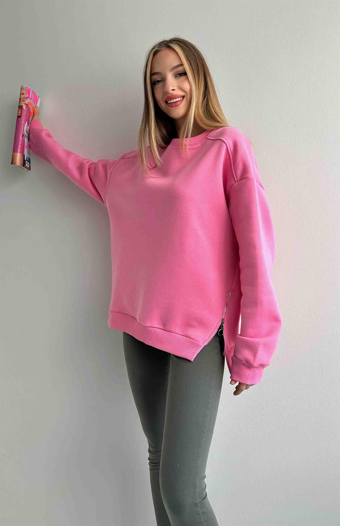 Yanı Fermuarlı Sweatshırt PEMBE