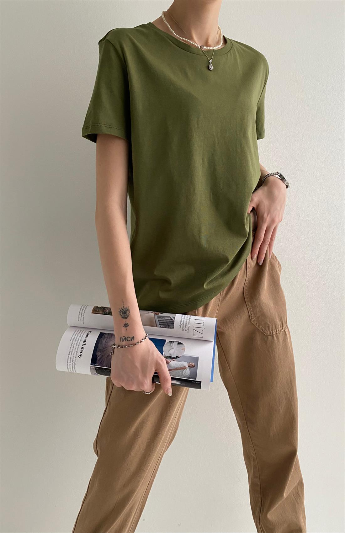 Bisiklet Yaka Basic Tshırt HAKİ